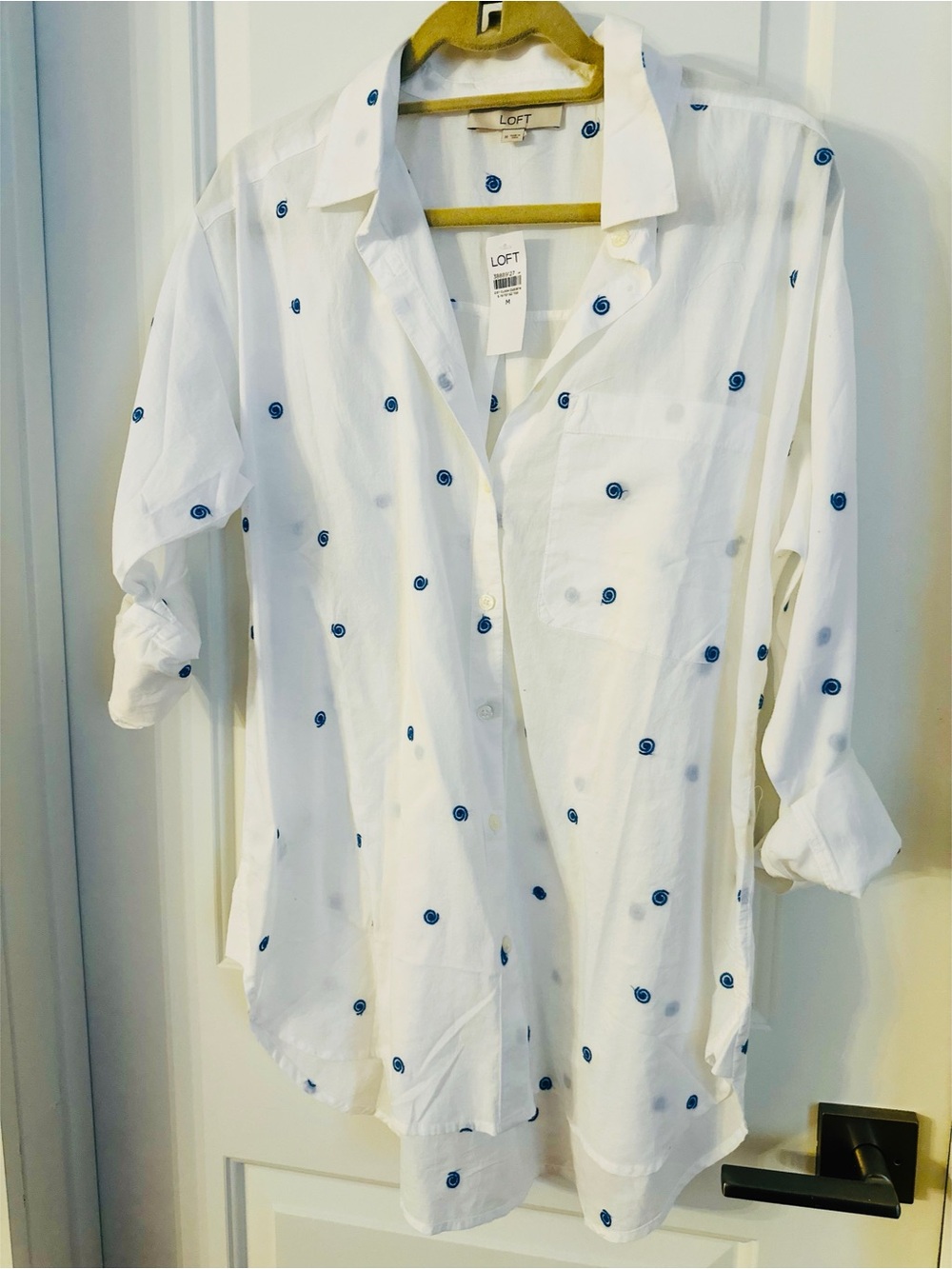 LOFT White Shirt with Small Blue Swirl Embroidery